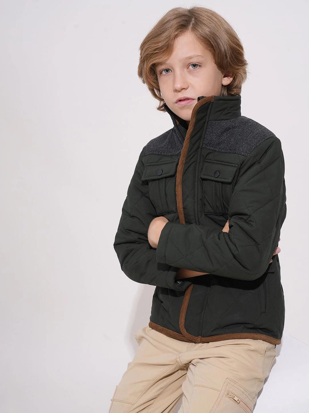 Dark Green Tweed Detail Jacket