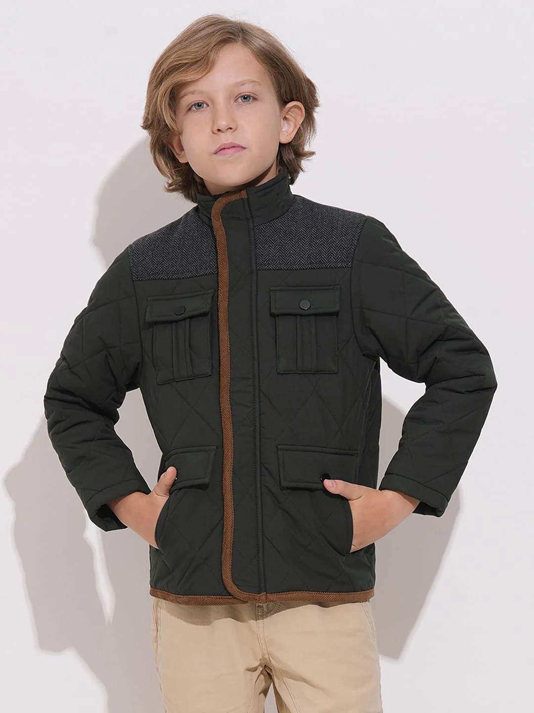 Dark Green Tweed Detail Jacket - Image 2