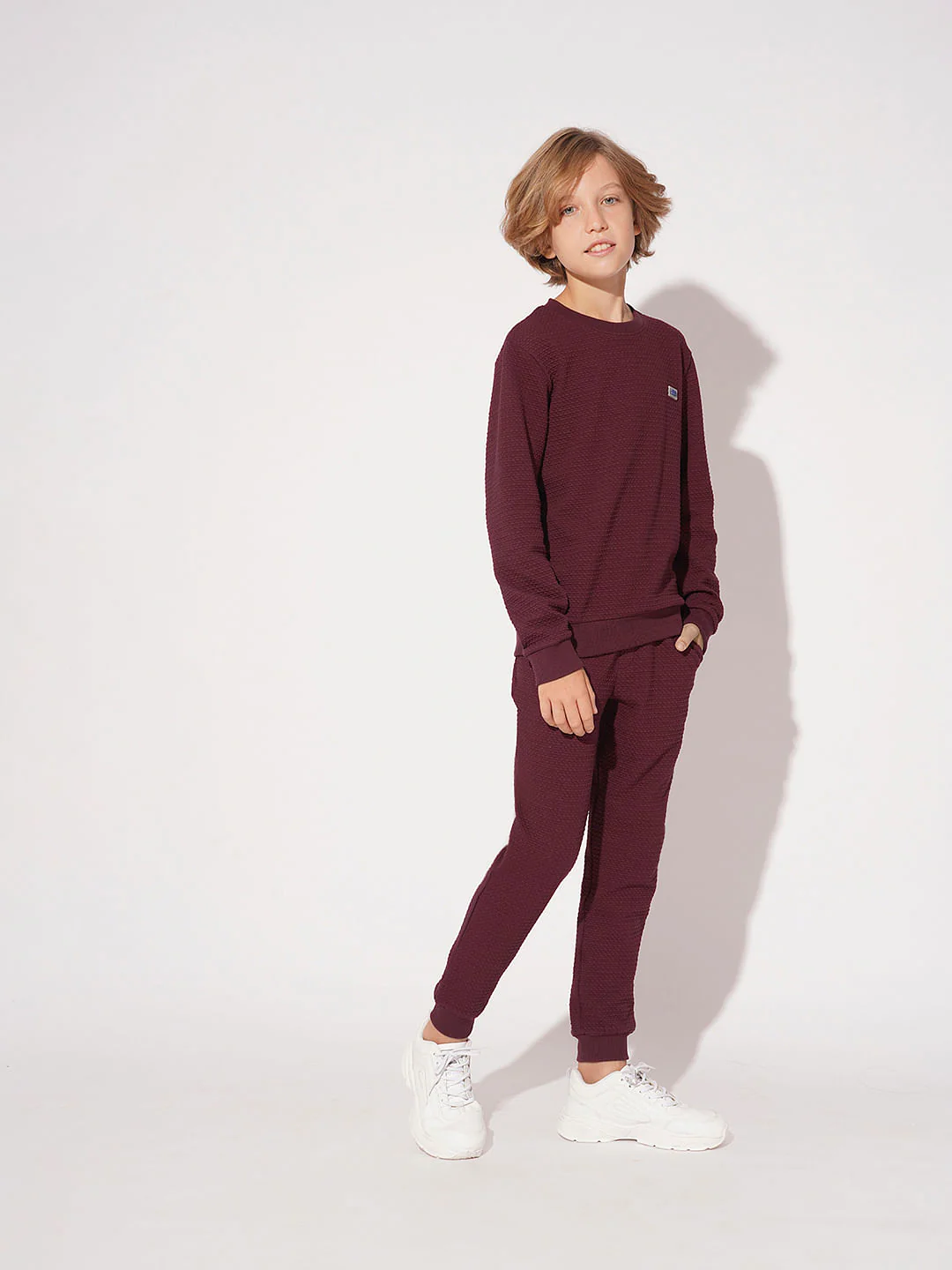 Boys Maroon Textured Co-ord Set Sweatpants - Image 5
