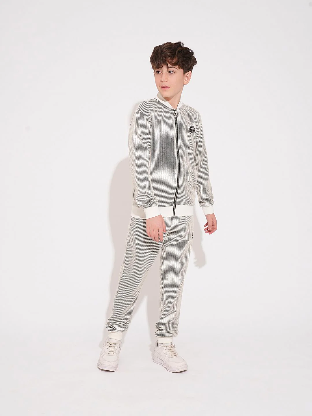 Boys White Striped Co-ord Set Sweat-Jacket - Image 5