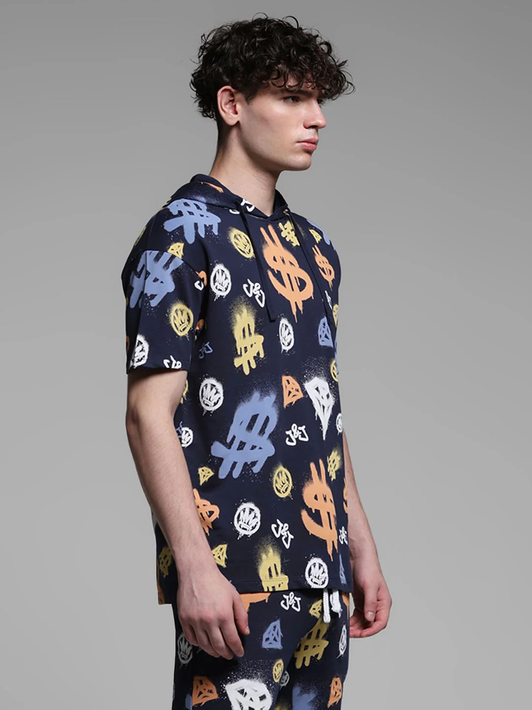 Blue Printed Hooded Co-ord Set T-shirt - Image 3