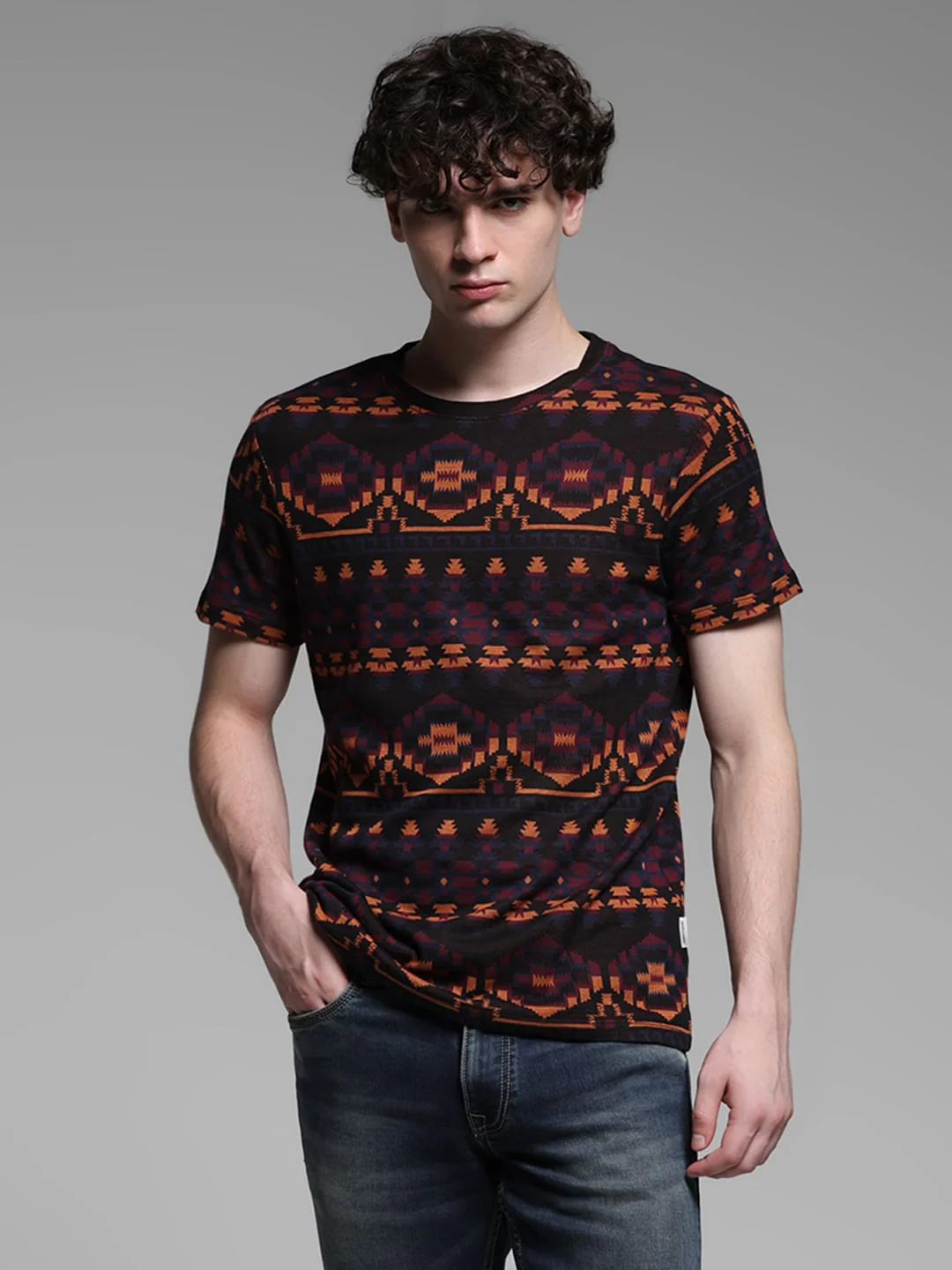 Maroon Printed Jacquard Cotton T-shirt - Image 2