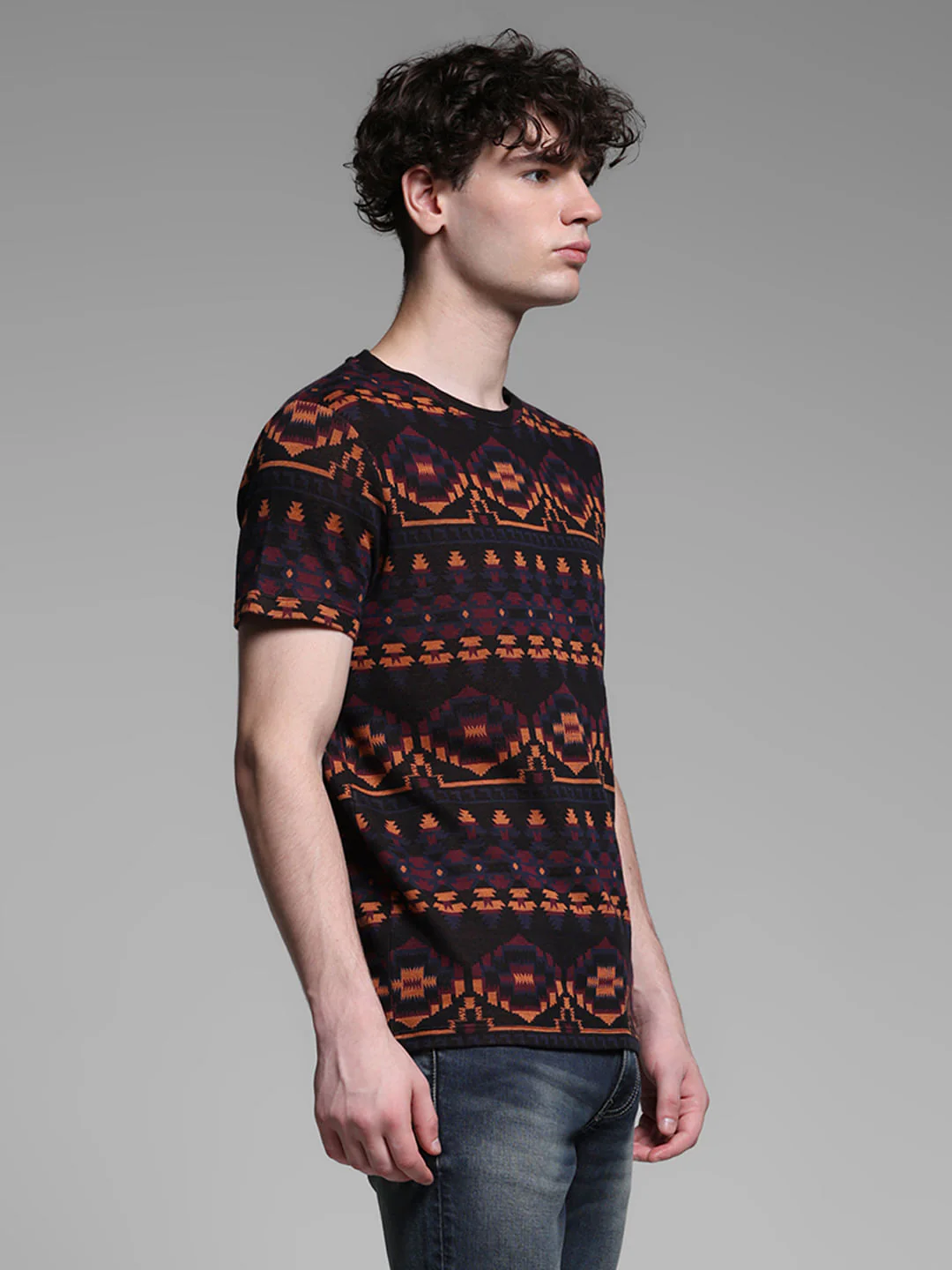 Maroon Printed Jacquard Cotton T-shirt - Image 3