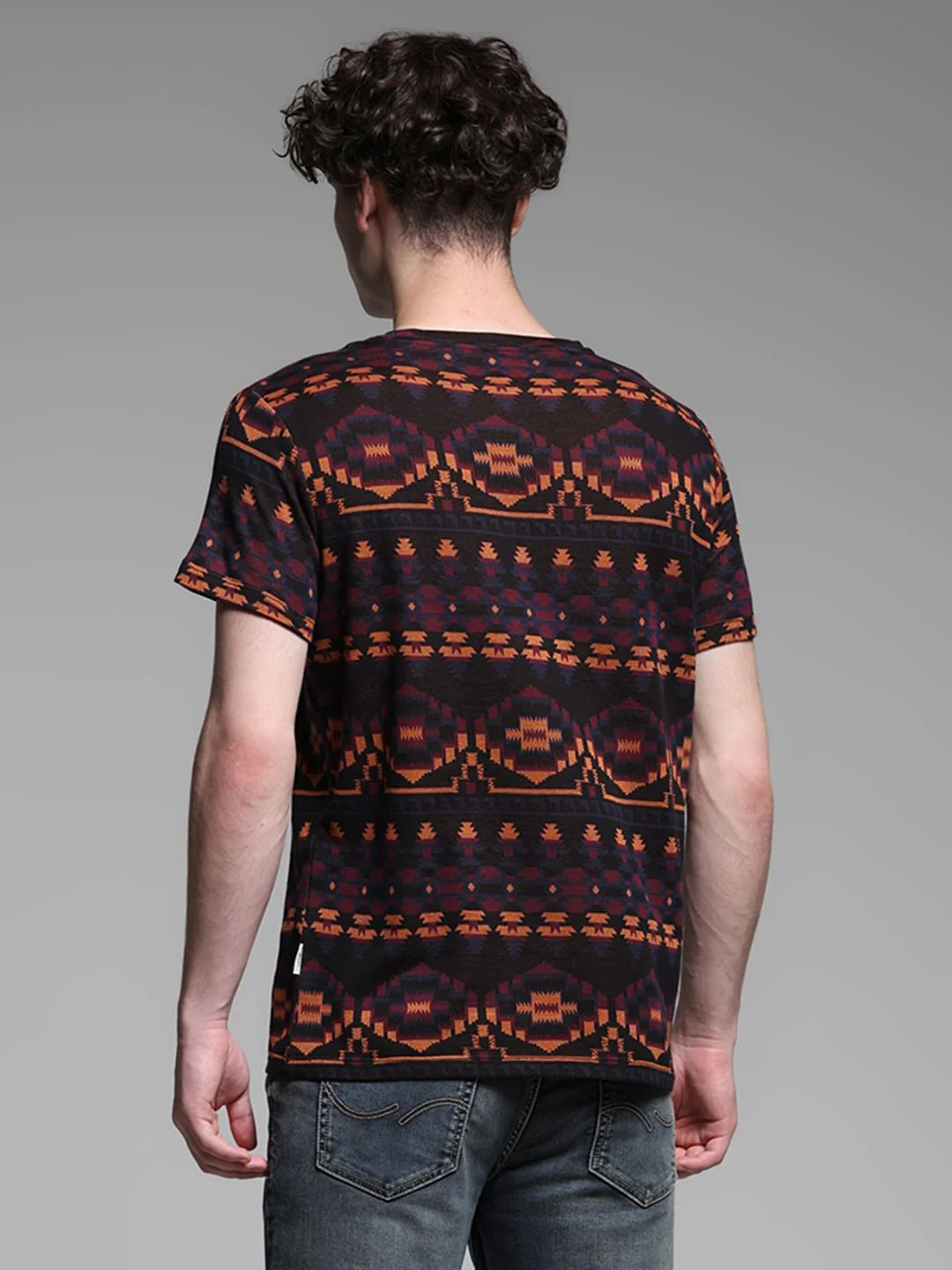 Maroon Printed Jacquard Cotton T-shirt - Image 4