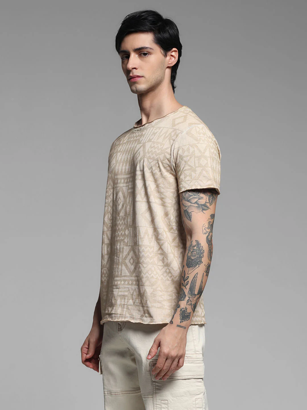 Beige Abstract Print Cotton T-shirt - Image 3