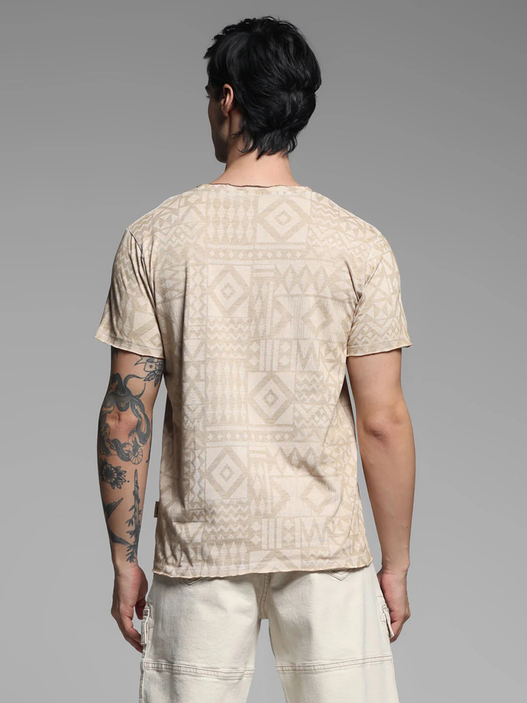 Beige Abstract Print Cotton T-shirt - Image 4