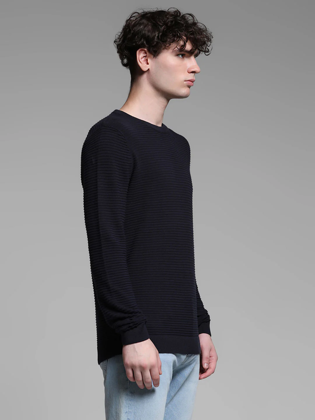 Navy Blue Flat Knit Cotton Pullover - Image 3
