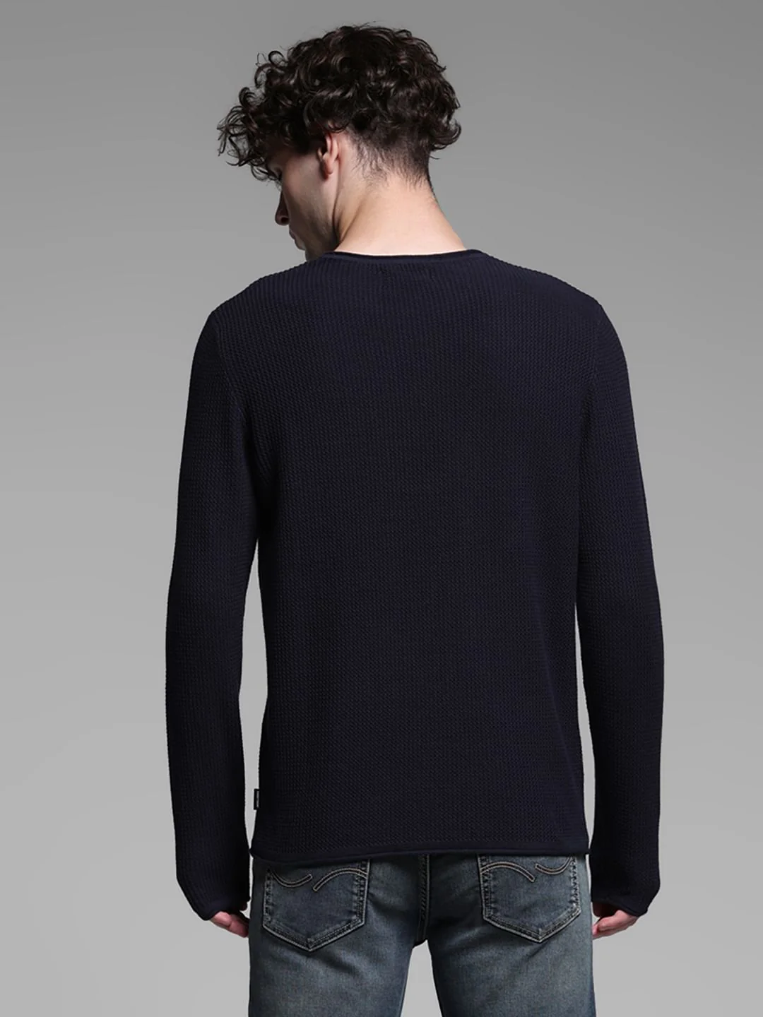Navy Blue Raw Edge Flat Knit Pullover - Image 4