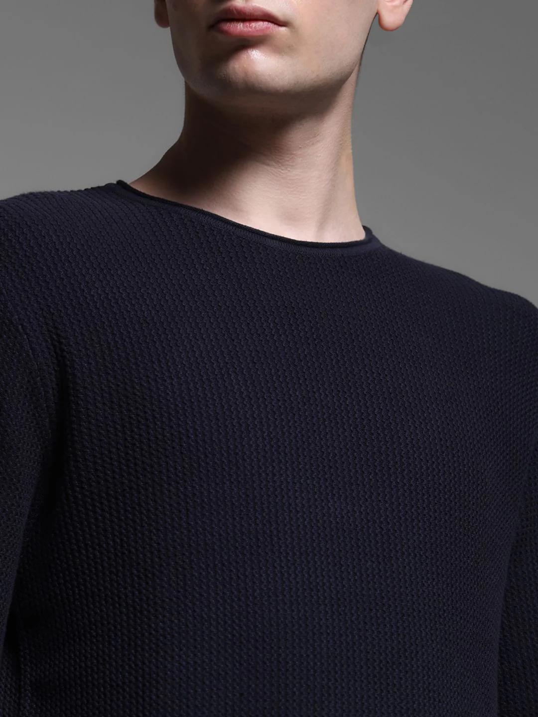 Navy Blue Raw Edge Flat Knit Pullover - Image 5