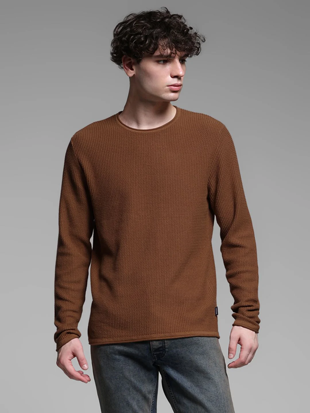 Brown Raw Edge Flat Knit Pullover - Image 2