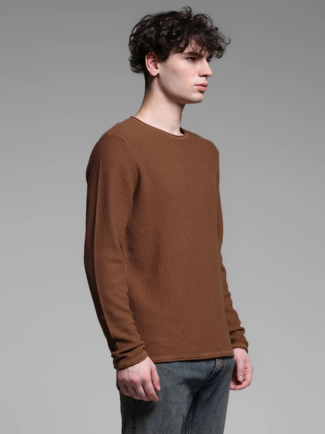 Brown Raw Edge Flat Knit Pullover - Image 3