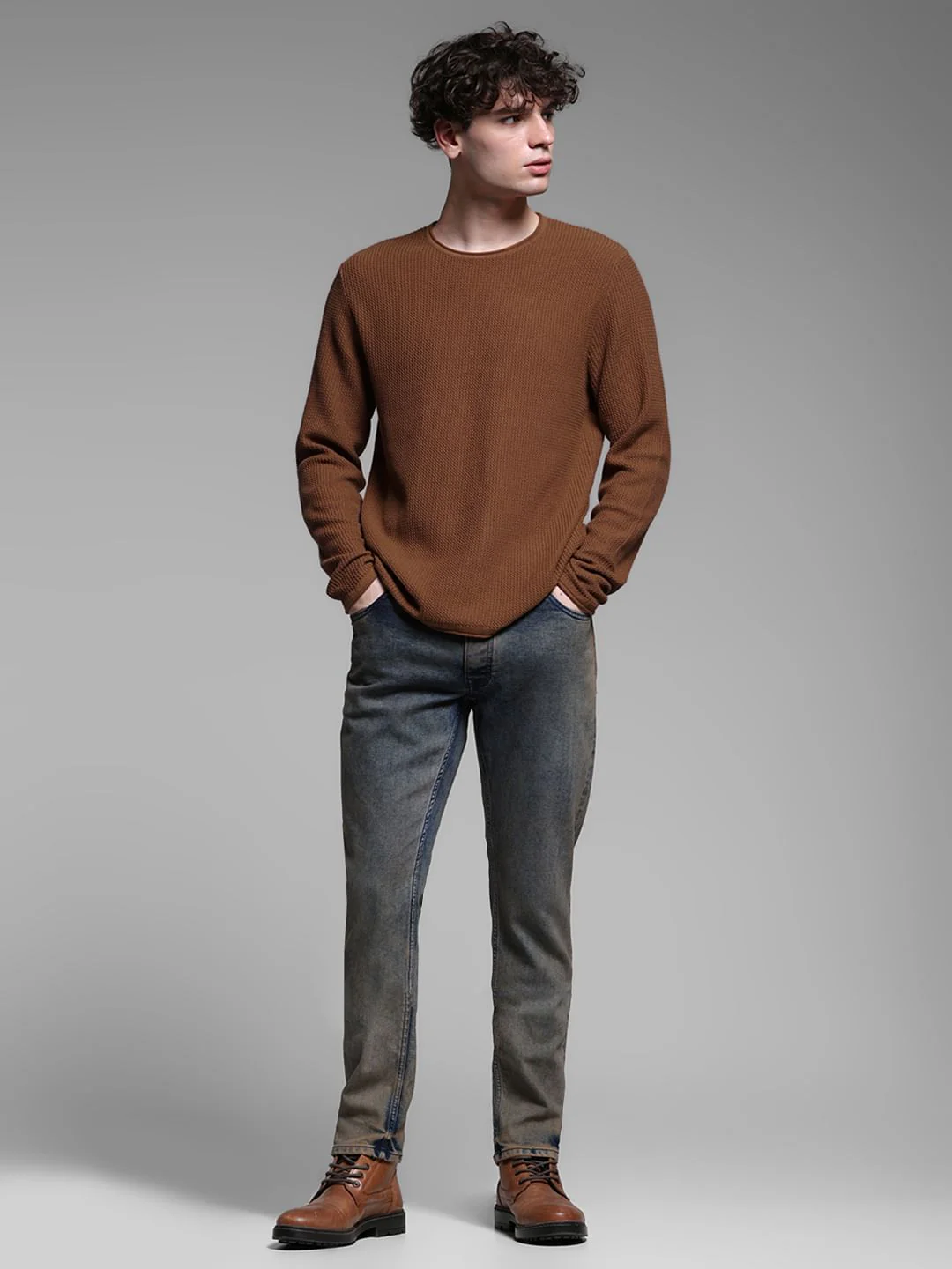 Brown Raw Edge Flat Knit Pullover - Image 6