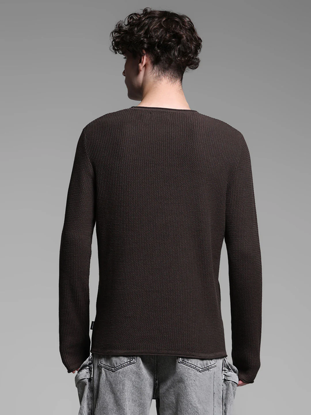 Dark Brown Raw Edge Flat Knit Pullover - Image 4