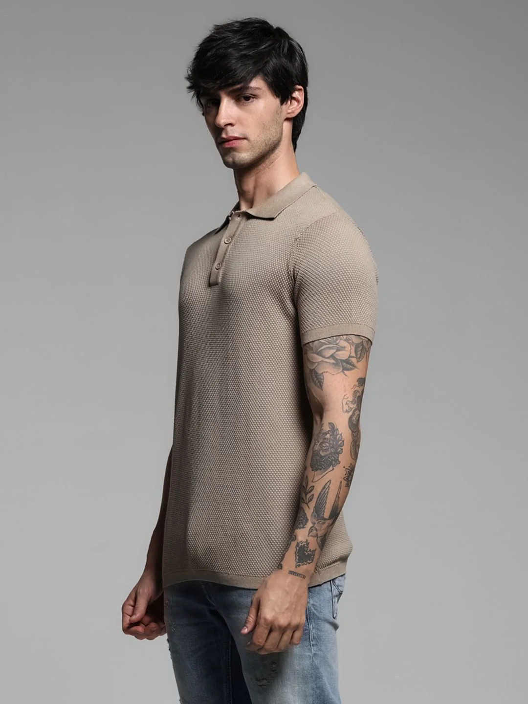 Brown Textured Knitted Polo - Image 3