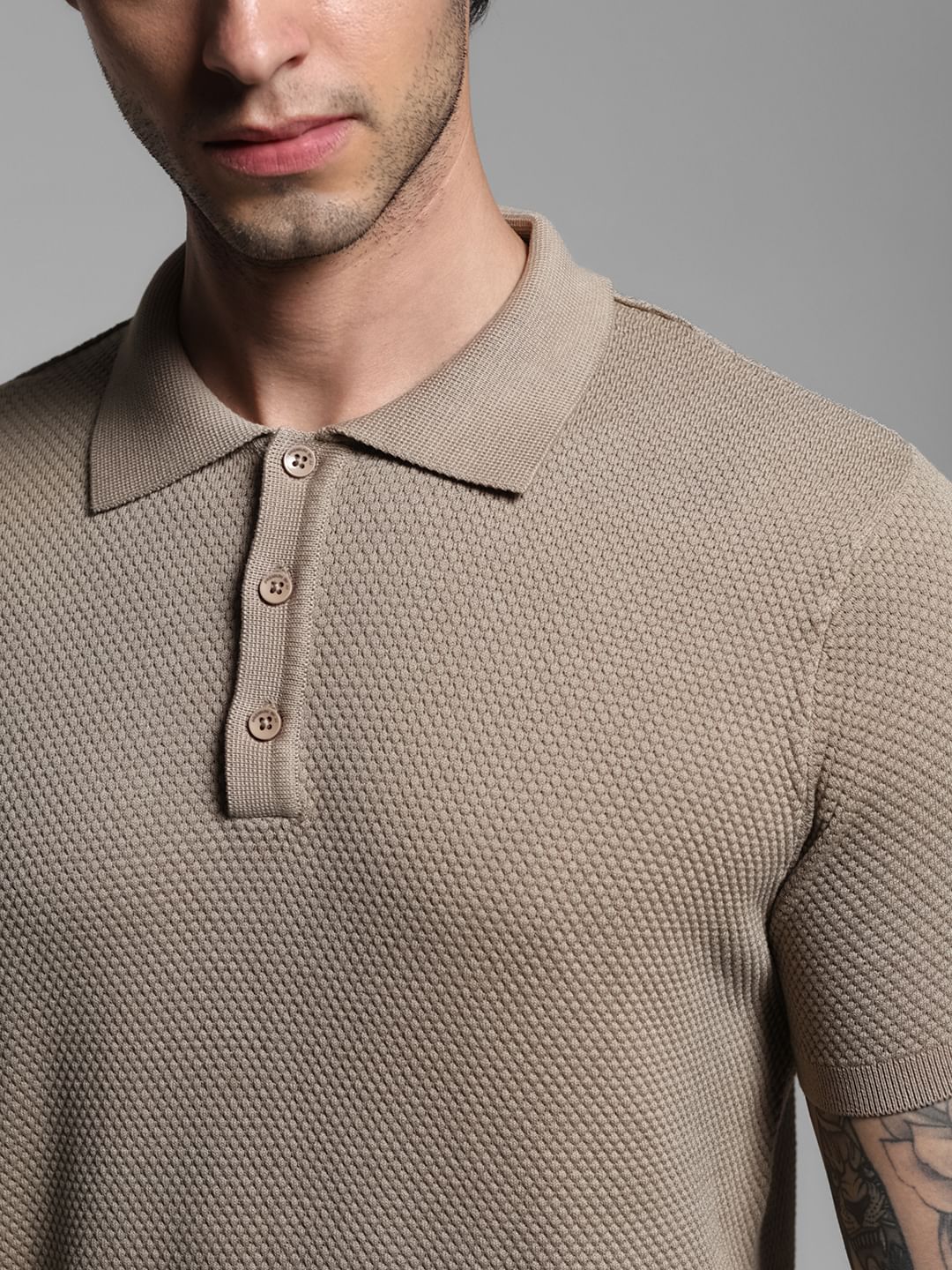 Brown Textured Knitted Polo - Image 5