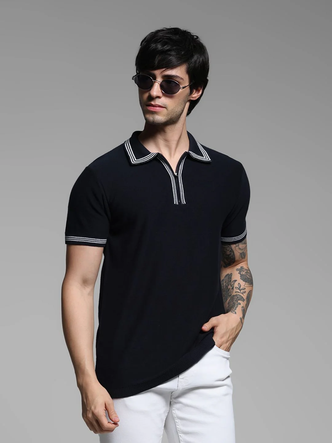 Blue Knitted Contrast Tipping Polo