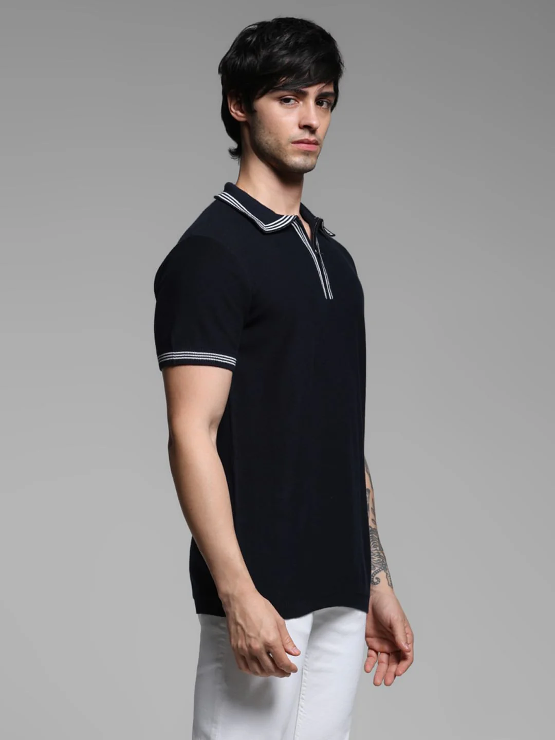 Blue Knitted Contrast Tipping Polo - Image 3