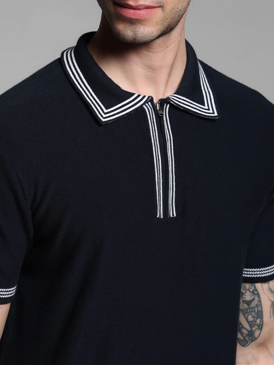 Blue Knitted Contrast Tipping Polo - Image 5