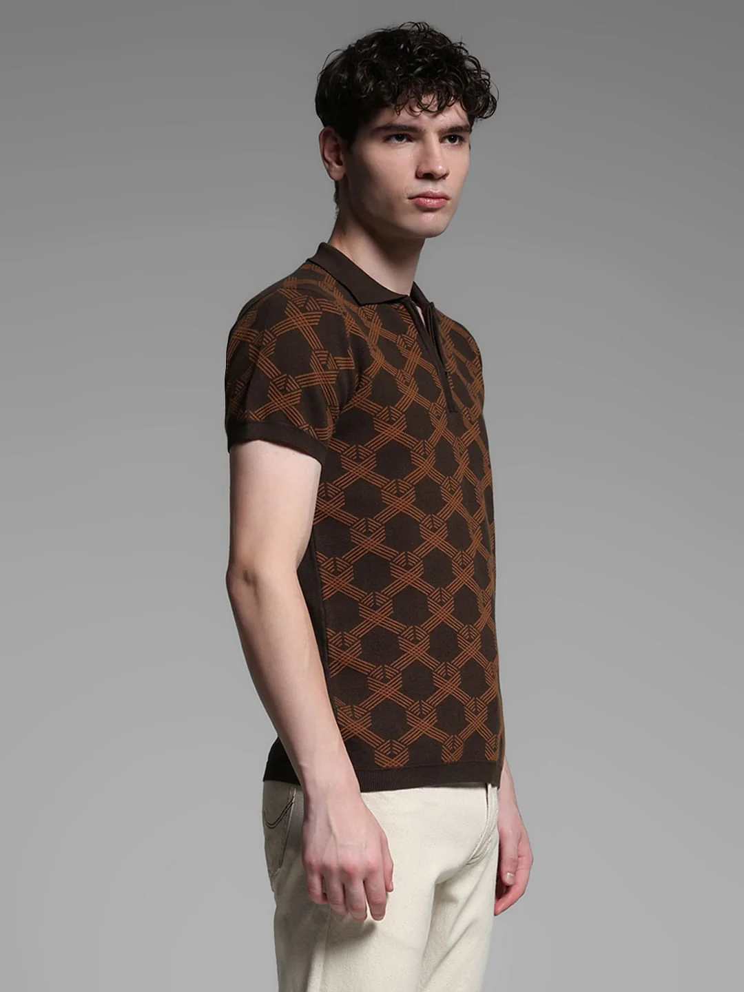 Dark Brown Jacquard Printed Polo - Image 3