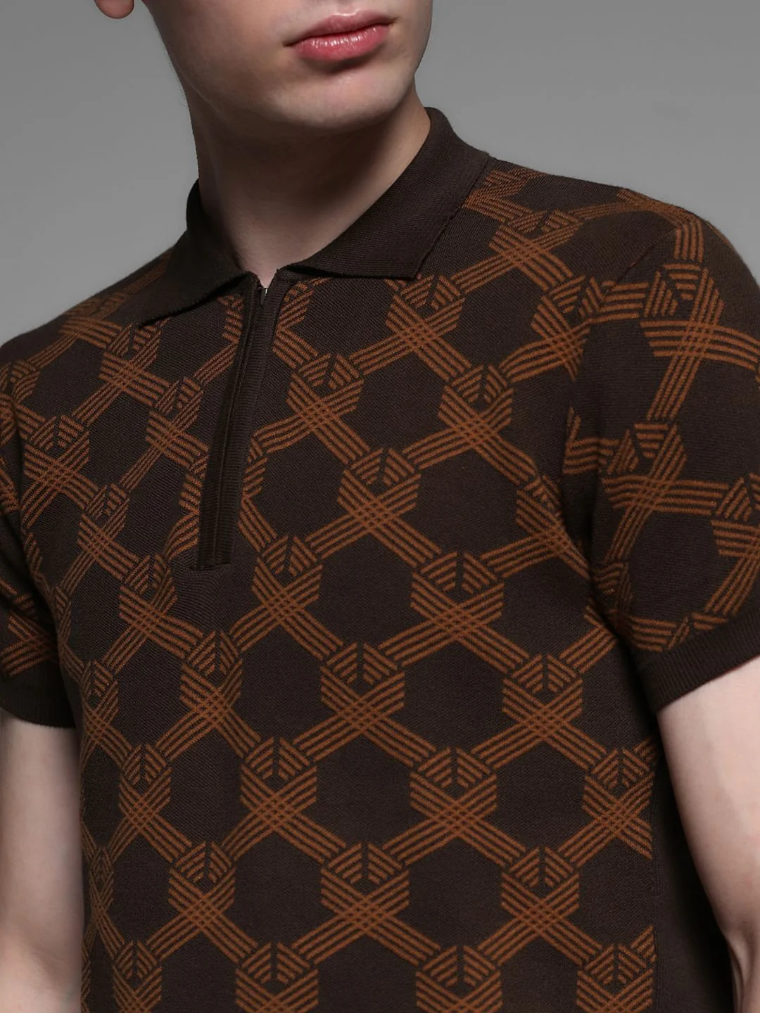 Dark Brown Jacquard Printed Polo - Image 5