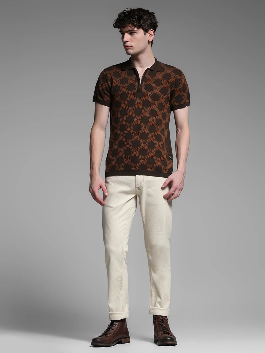 Dark Brown Jacquard Printed Polo - Image 6