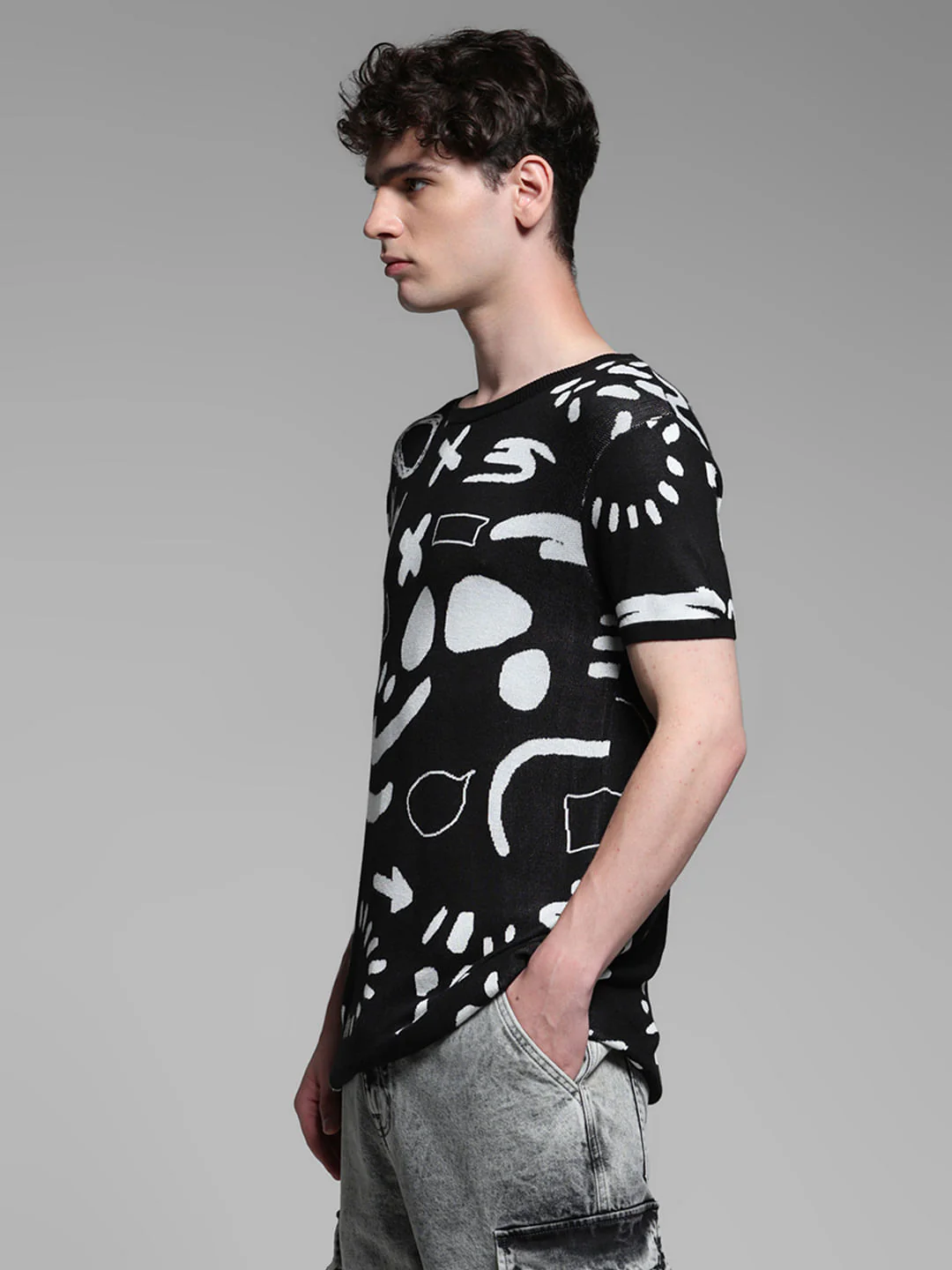 Black Jacquard Doodle Print Pullover - Image 3