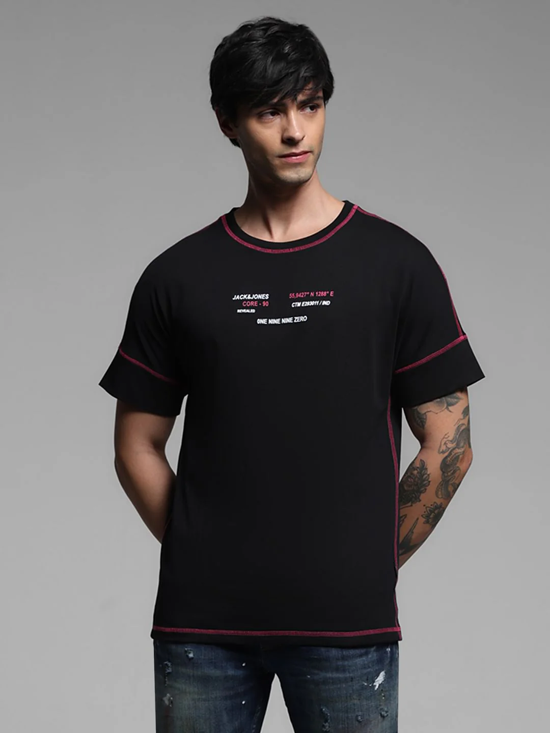 Black Contrast Stitch Cotton T-shirt - Image 2