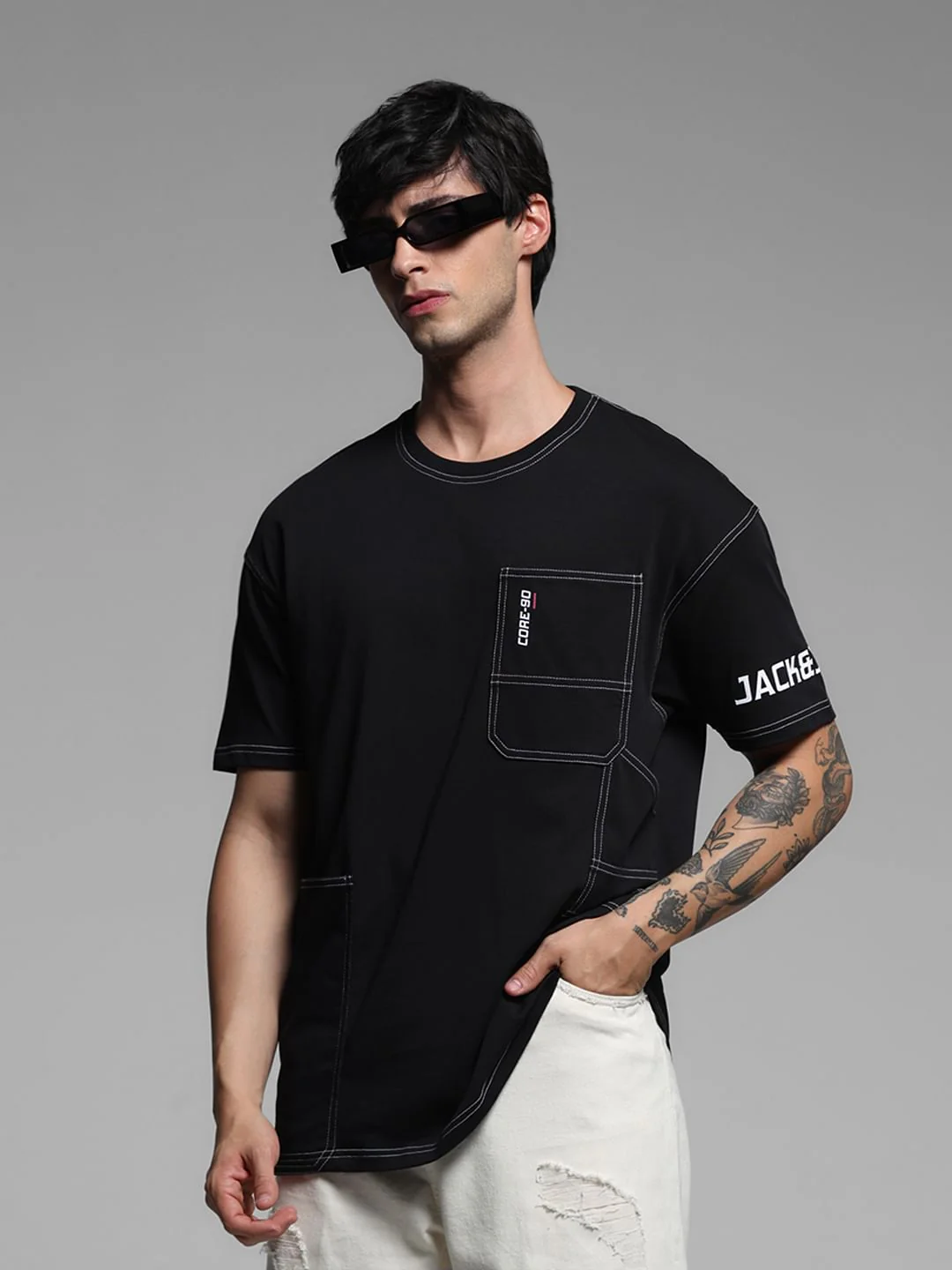 Black Drop Shoulder Contrast Stitch T-shirt