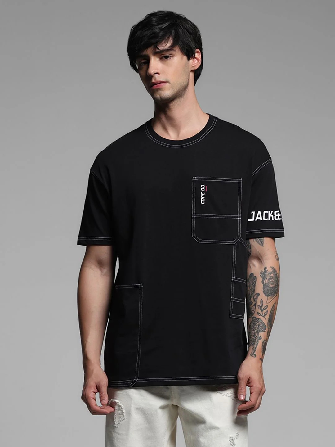 Black Drop Shoulder Contrast Stitch T-shirt - Image 2