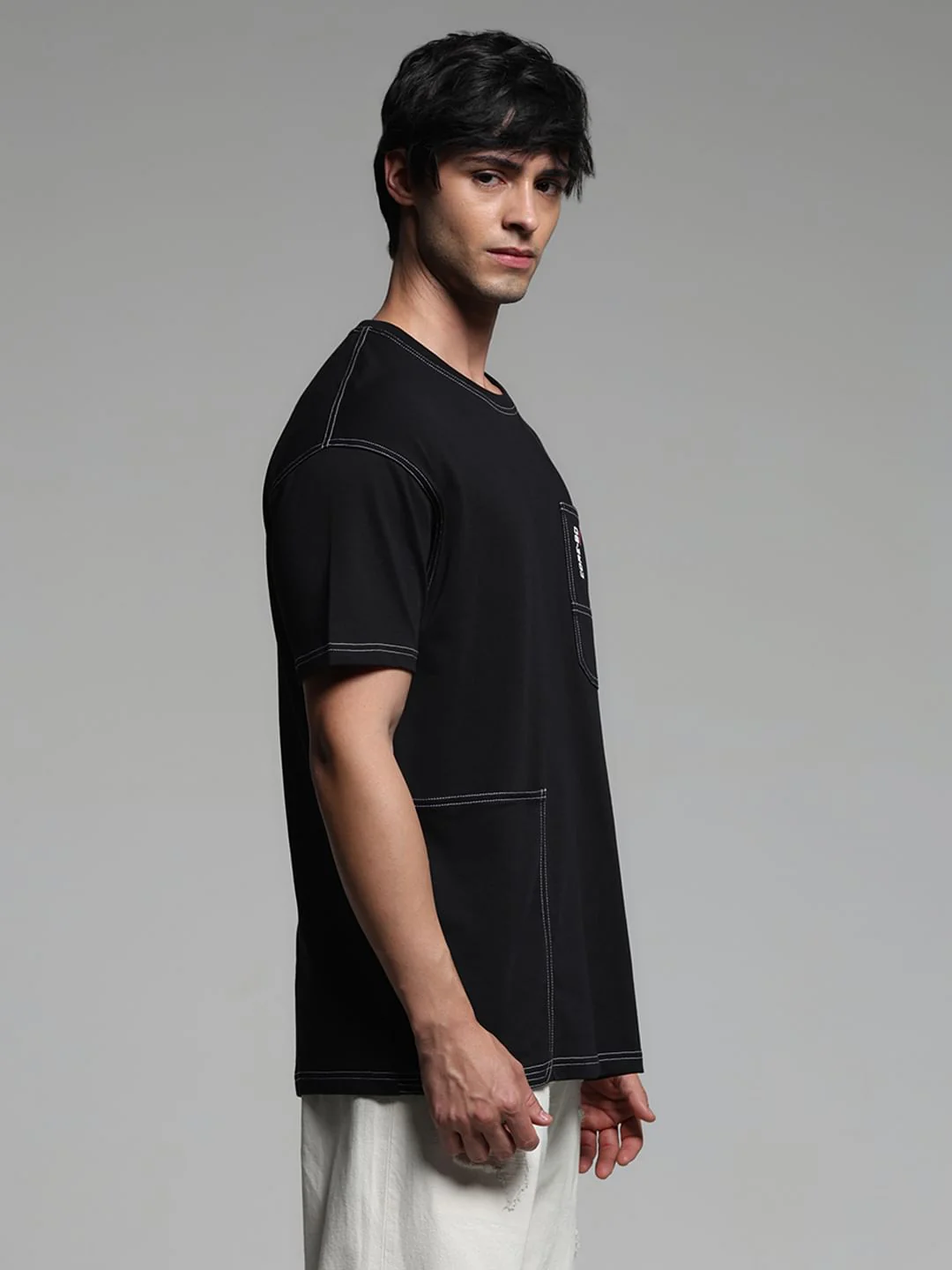 Black Drop Shoulder Contrast Stitch T-shirt - Image 3