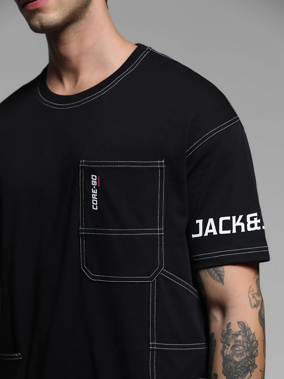 Black Drop Shoulder Contrast Stitch T-shirt - Image 5