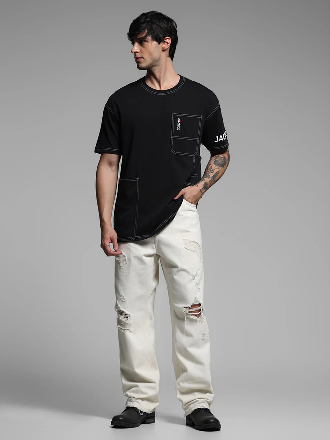 Black Drop Shoulder Contrast Stitch T-shirt - Image 6