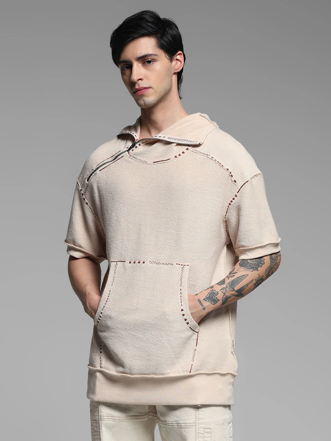 Beige Embroidered Hooded Sweatshirt - Image 2