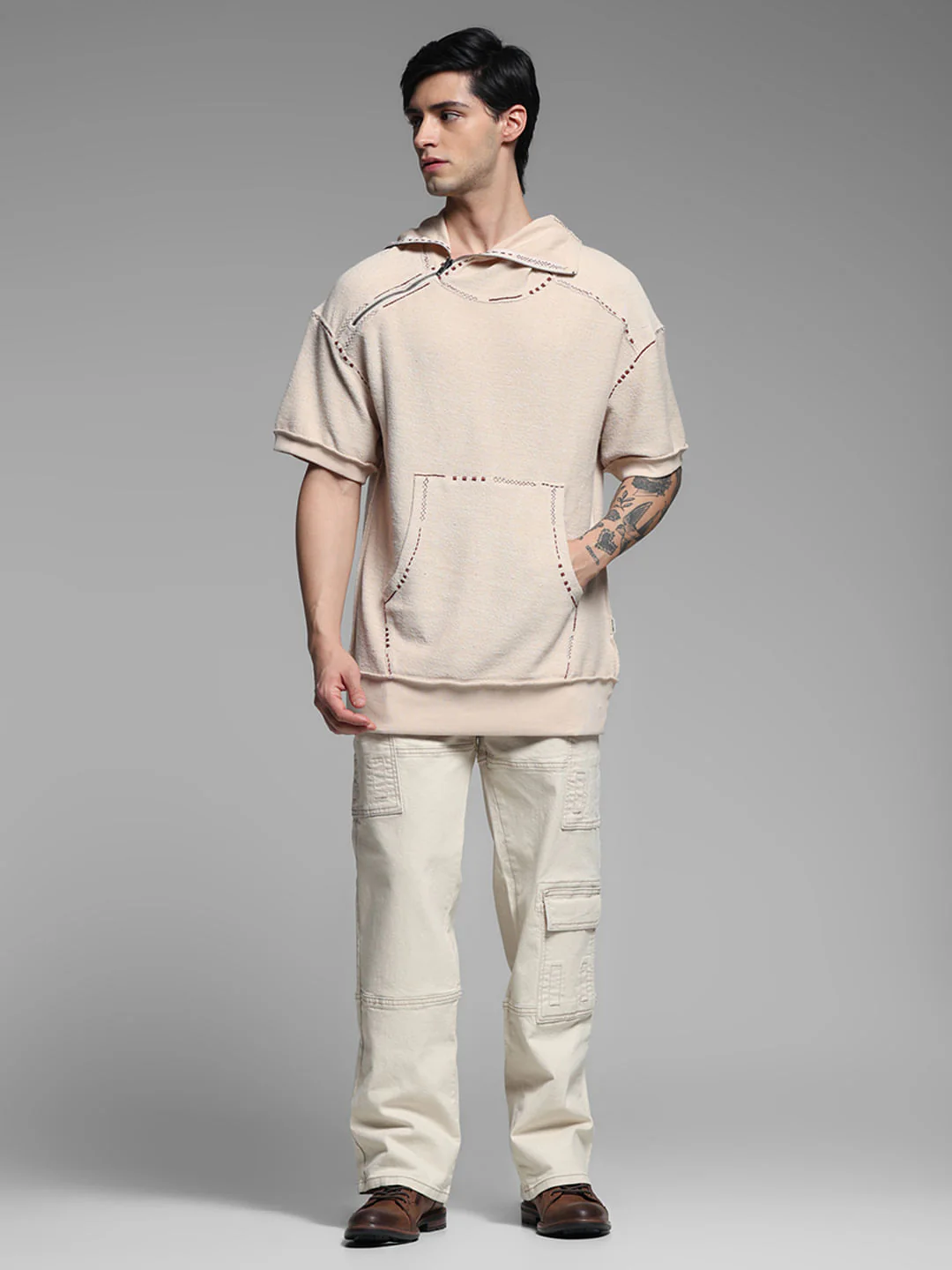 Beige Embroidered Hooded Sweatshirt - Image 6