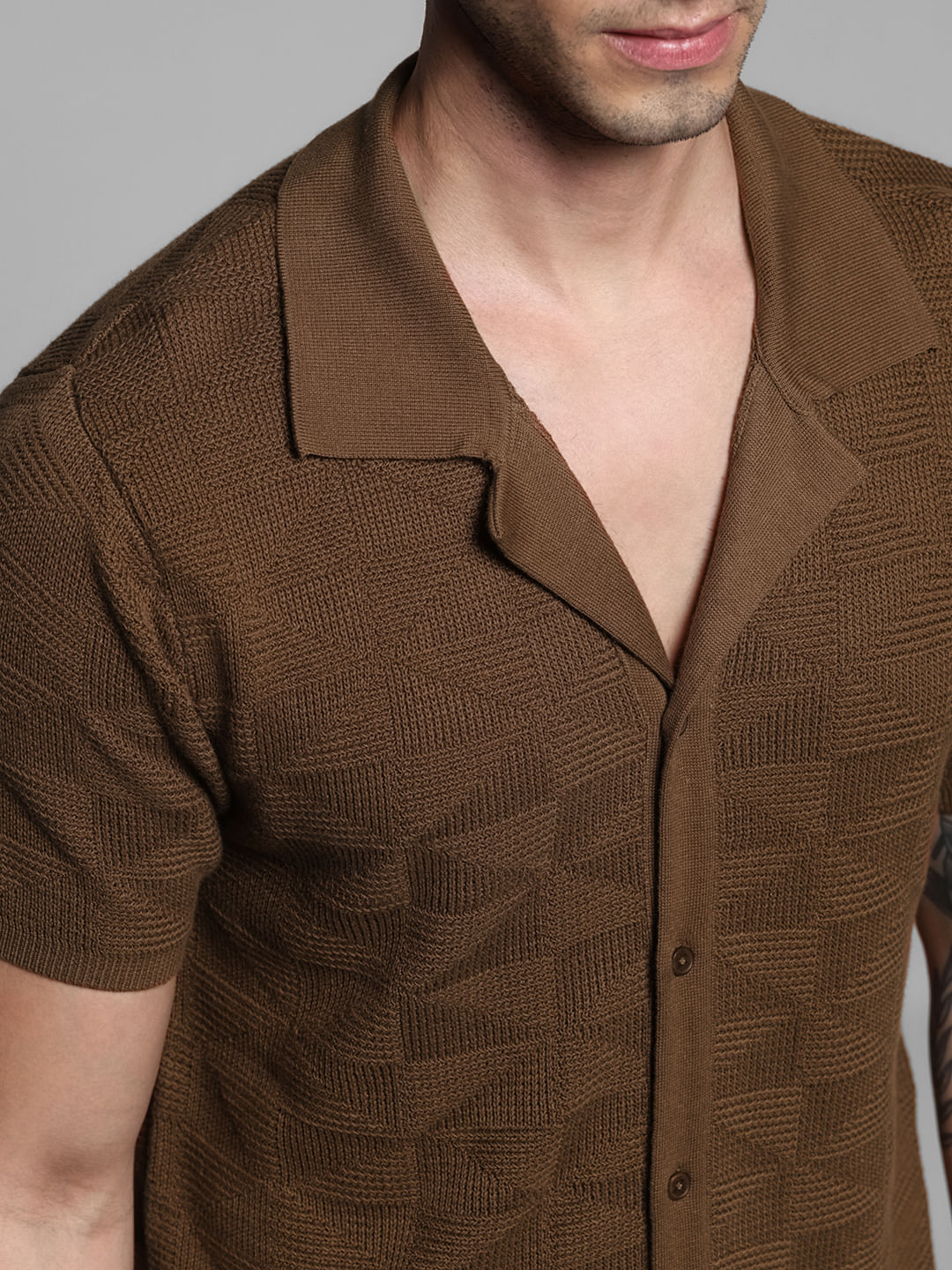 Brown Textured Knitted Polo - Image 5