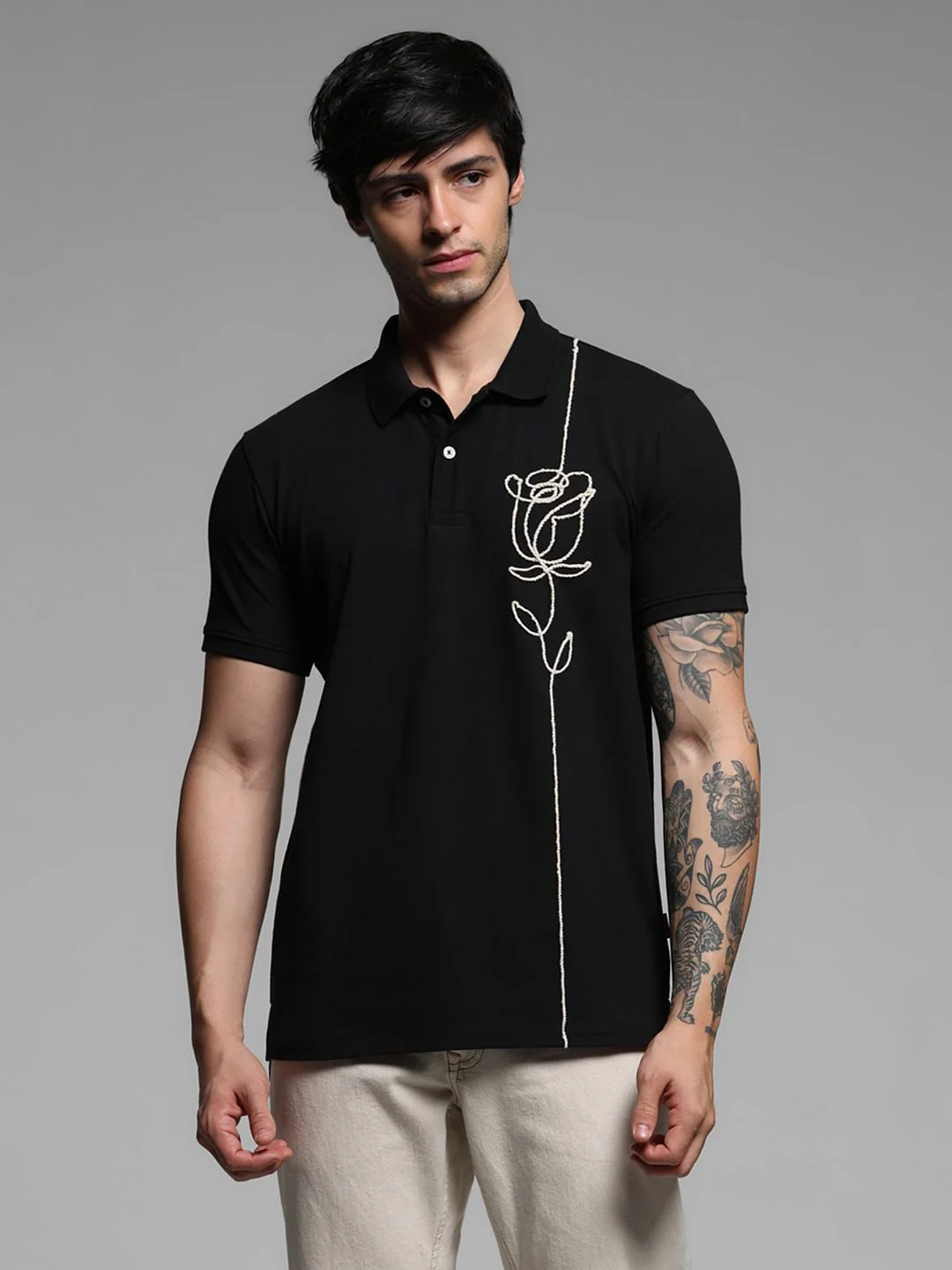 Black Rose Print Polo T-shirt - Image 2