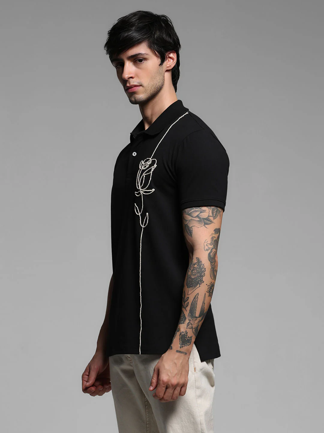 Black Rose Print Polo T-shirt - Image 3