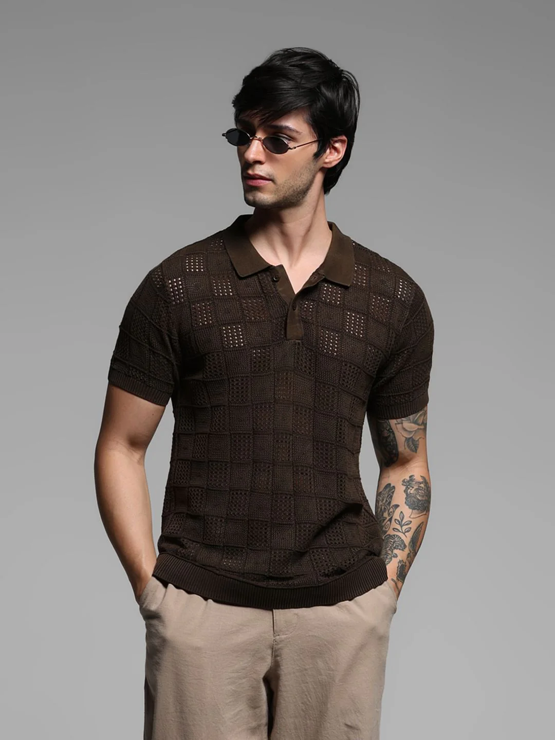 Dark Brown Textured Knitted Polo