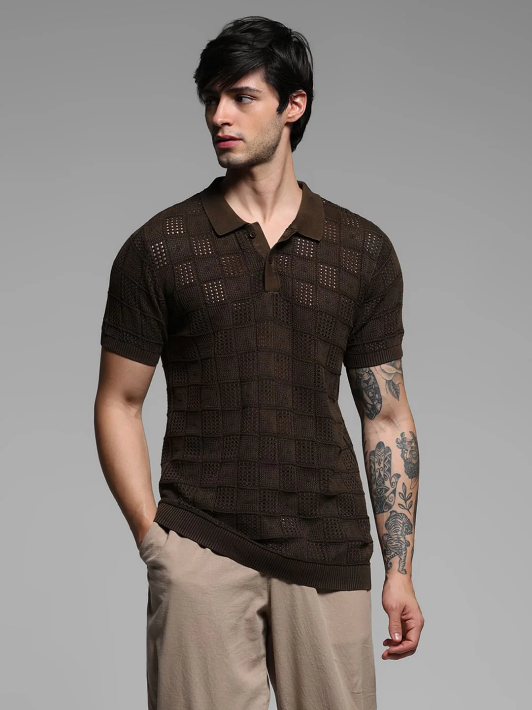 Dark Brown Textured Knitted Polo - Image 2