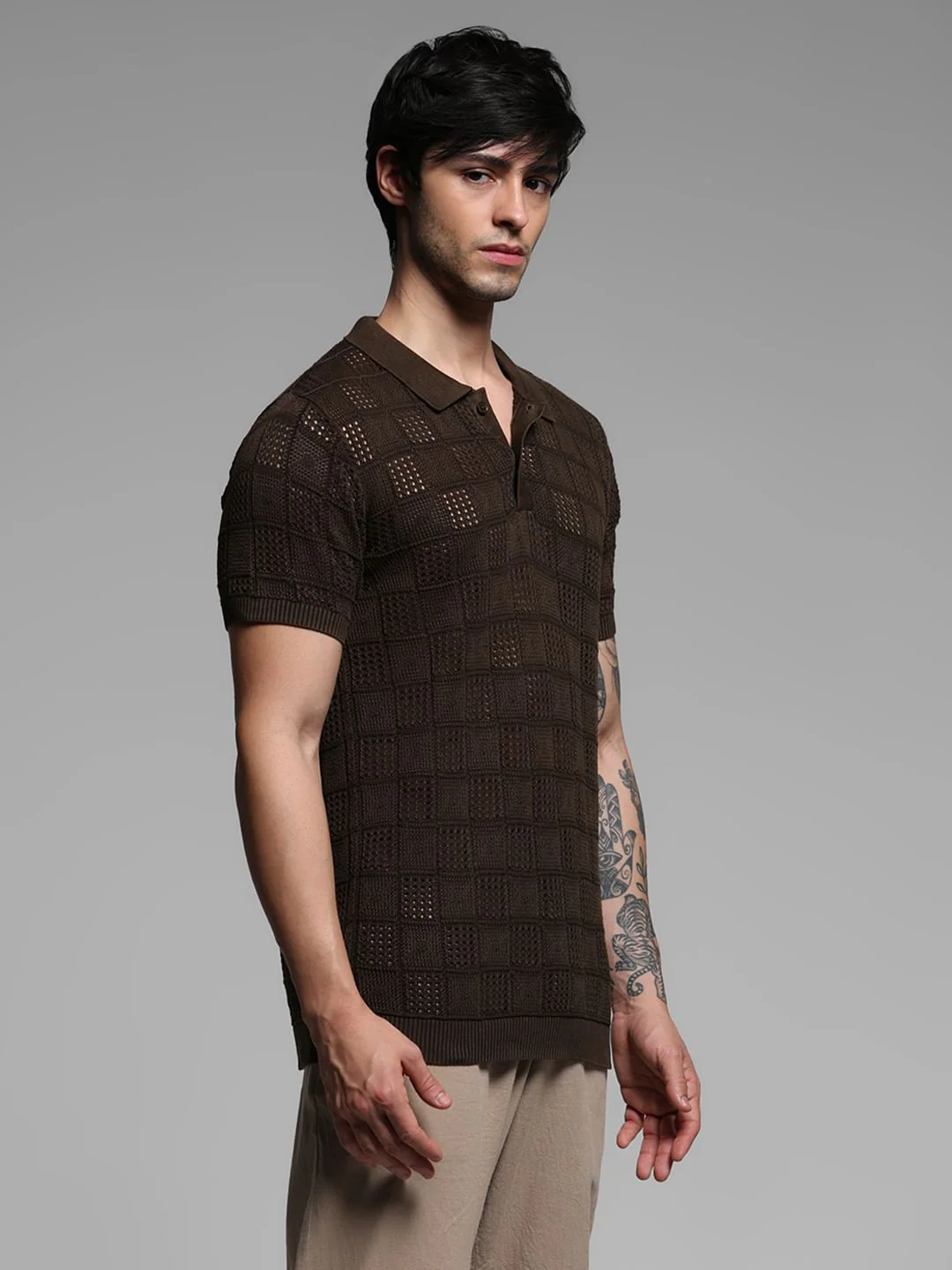 Dark Brown Textured Knitted Polo - Image 3