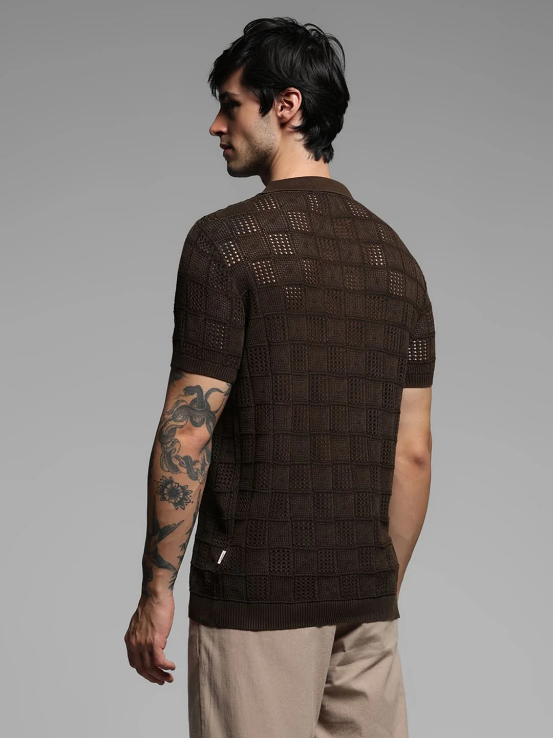 Dark Brown Textured Knitted Polo - Image 4