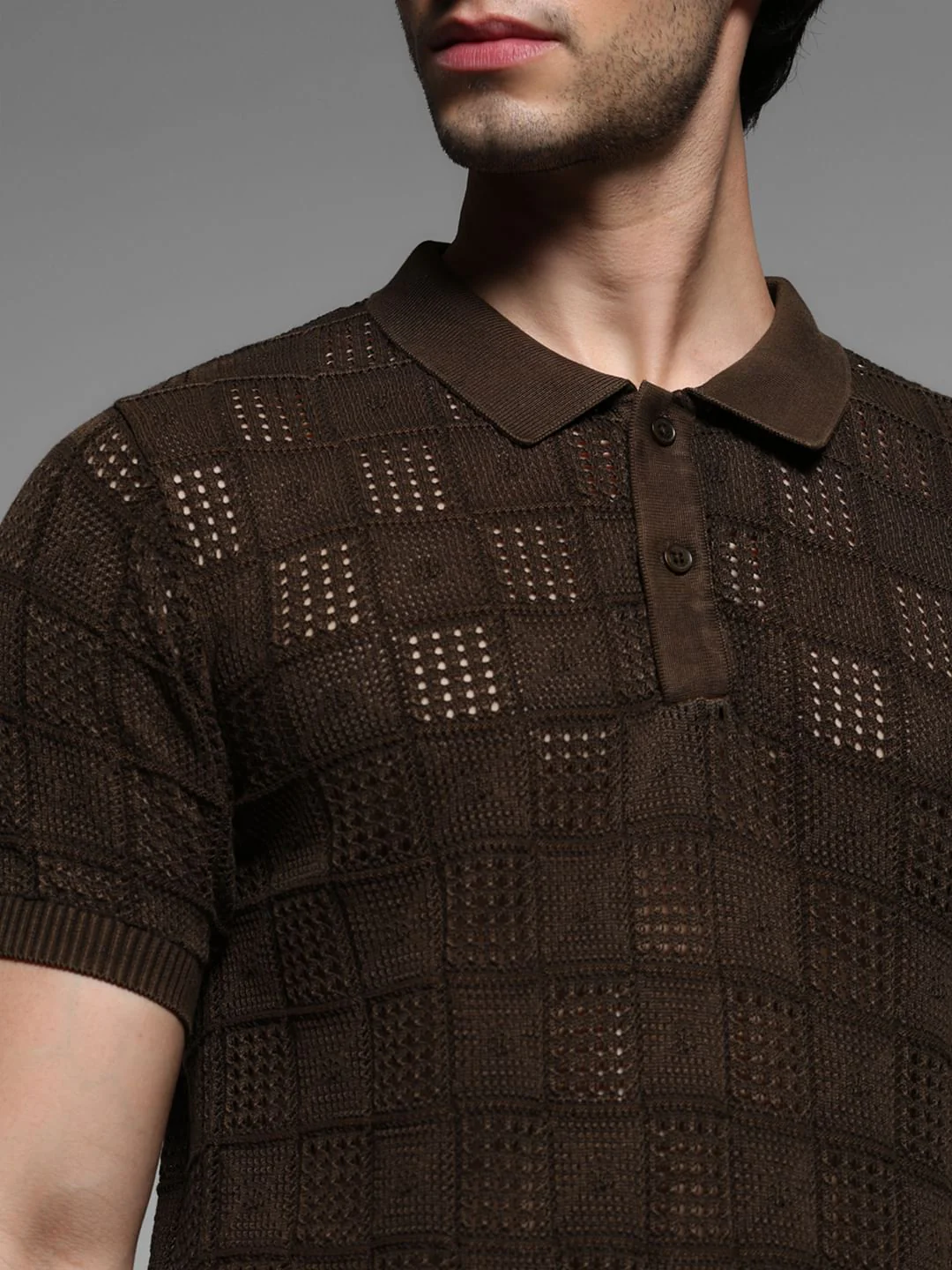 Dark Brown Textured Knitted Polo - Image 5