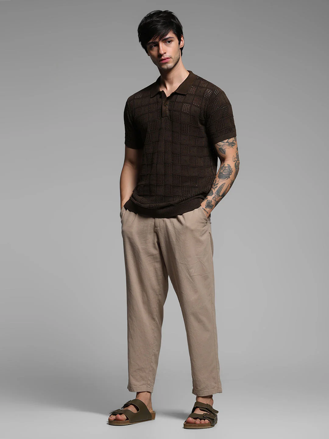 Dark Brown Textured Knitted Polo - Image 6