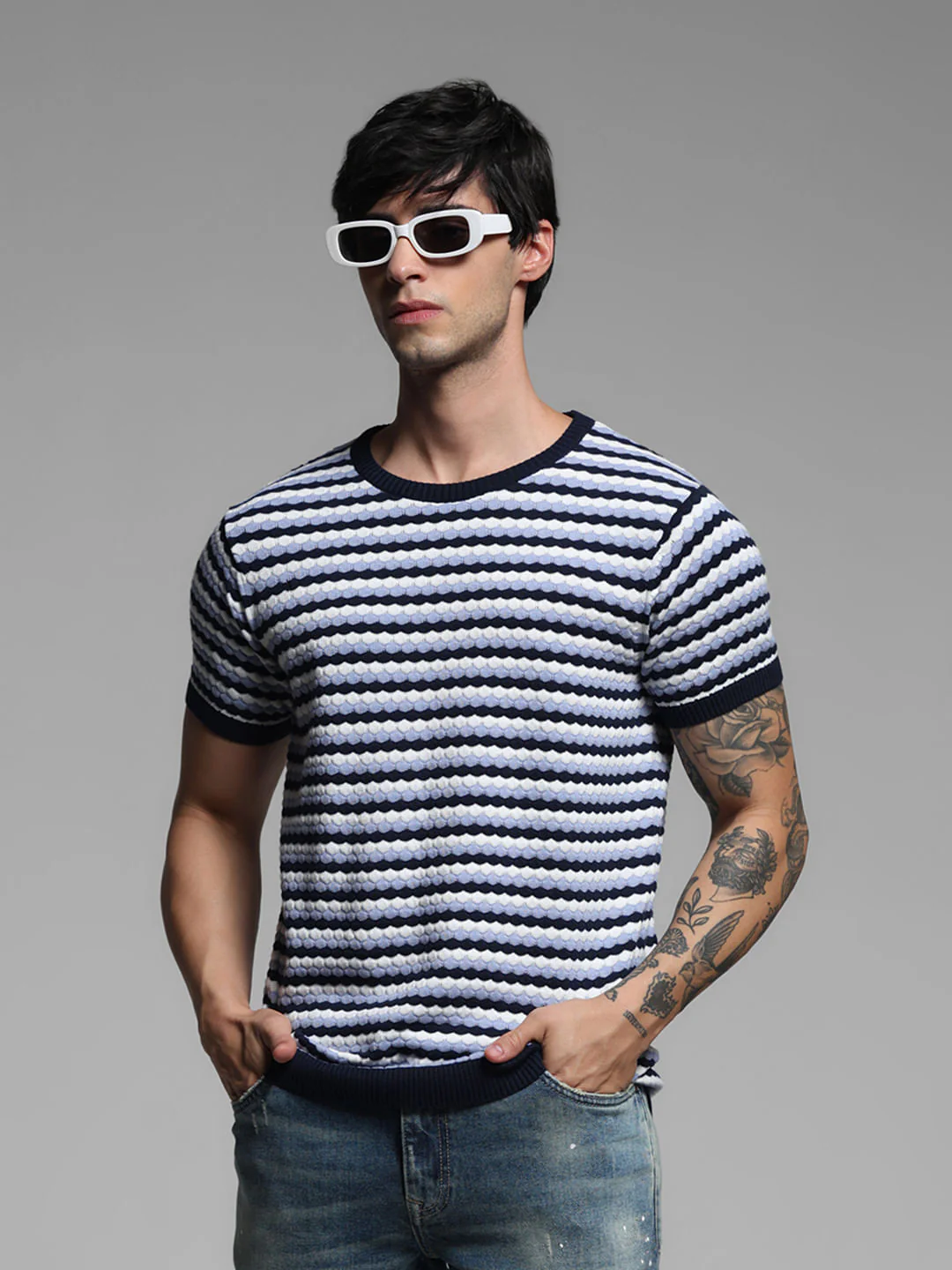 Blue Printed Knitted Pullover