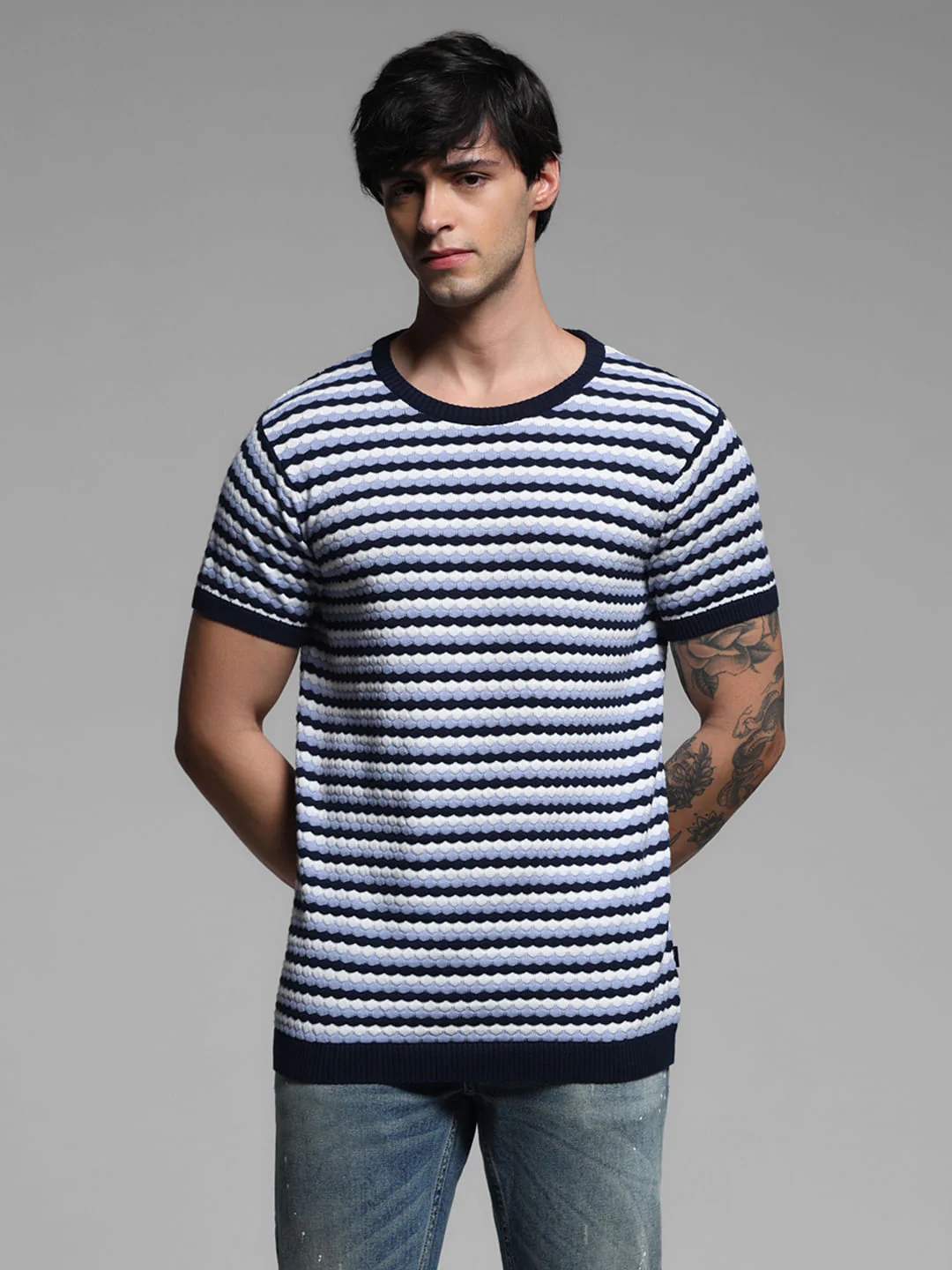 Blue Printed Knitted Pullover - Image 2