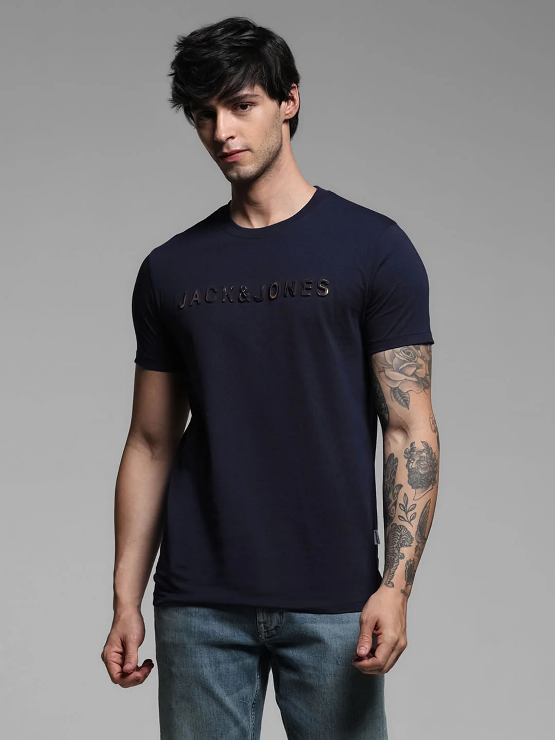 Navy Blue Logo Print Crew Neck T-shirt - Image 2