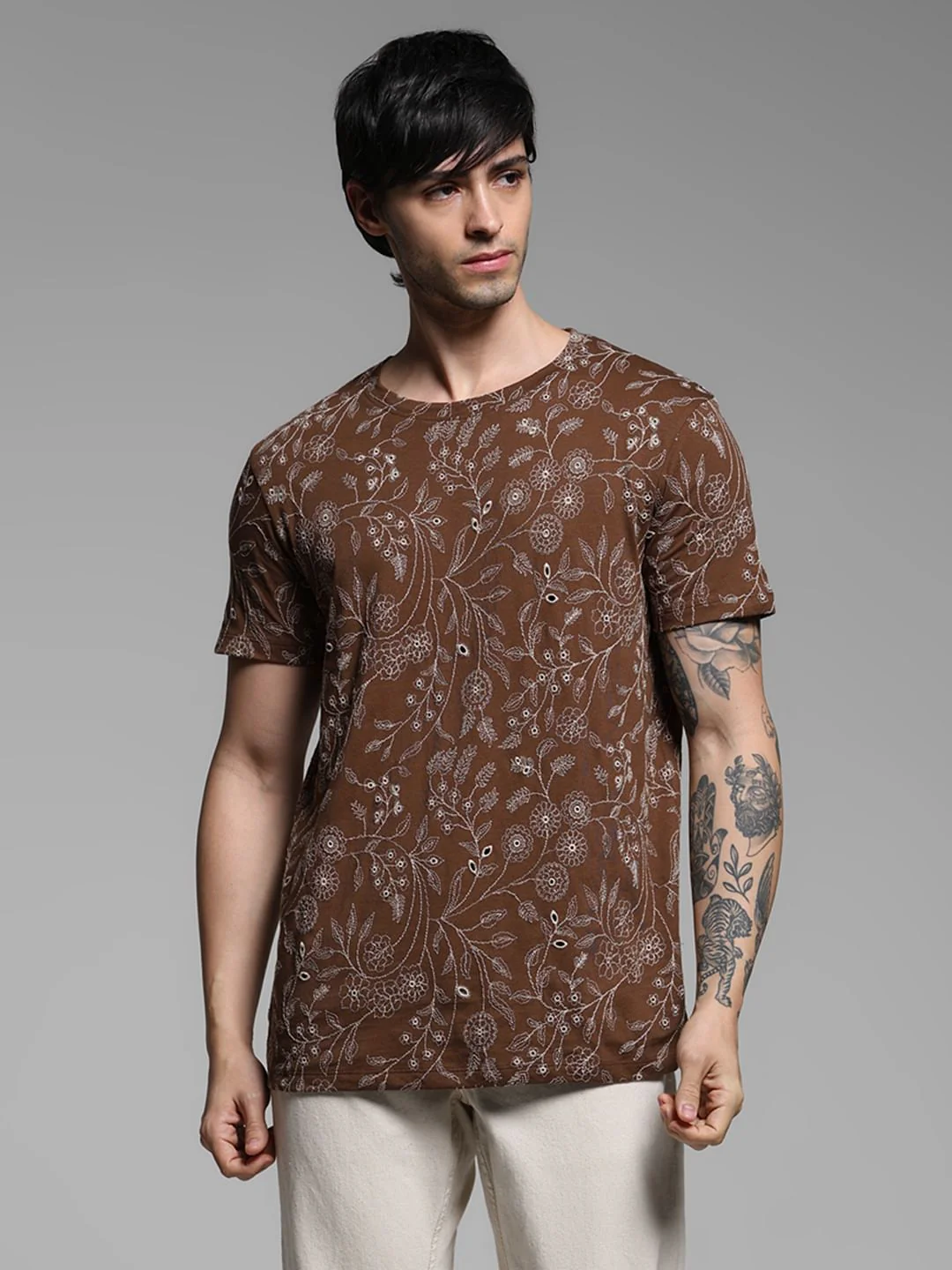 Brown Embroidered Floral Cotton T-shirt - Image 2
