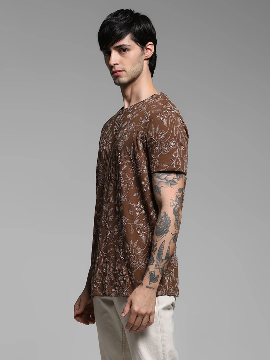 Brown Embroidered Floral Cotton T-shirt - Image 3