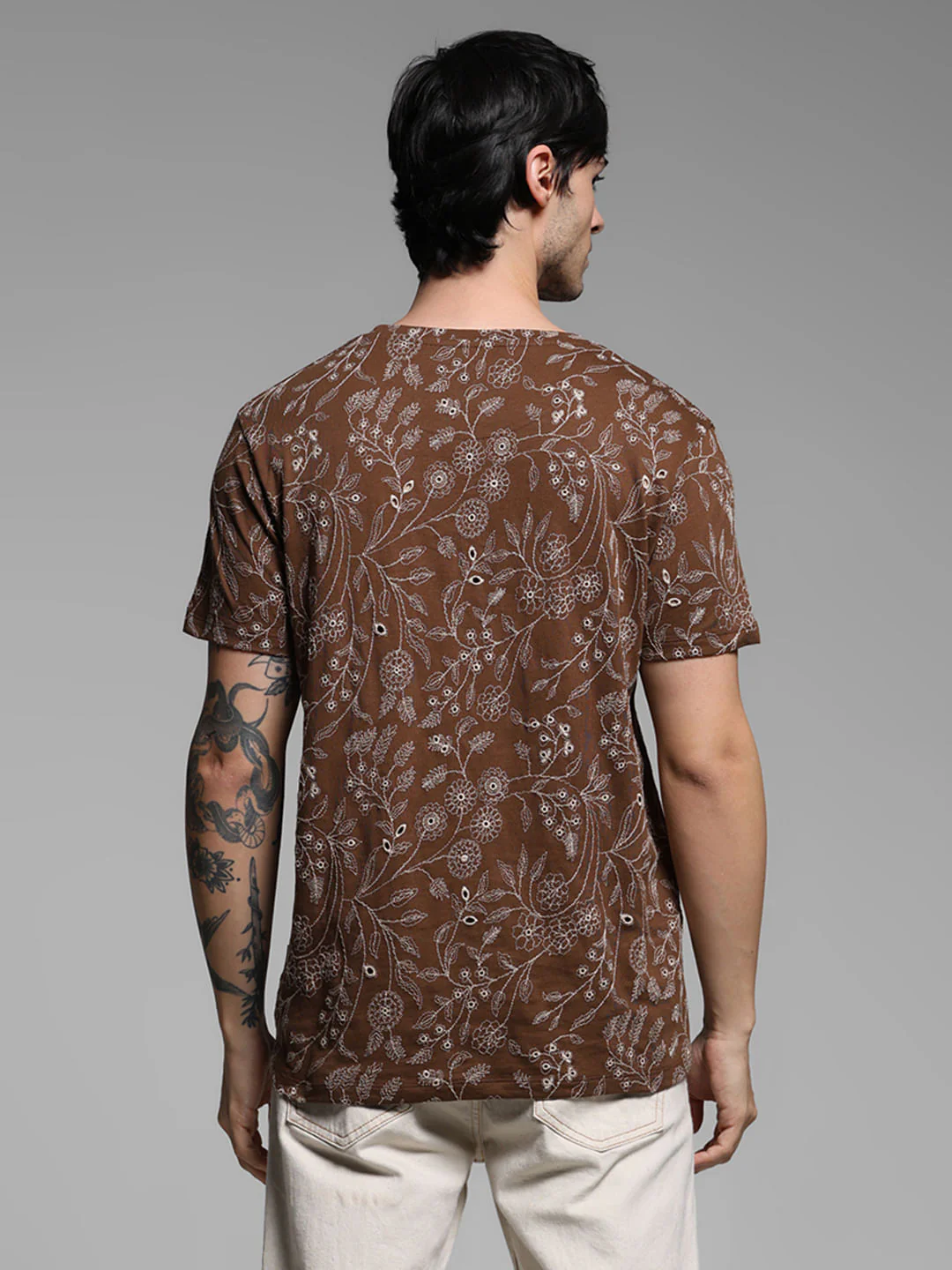 Brown Embroidered Floral Cotton T-shirt - Image 4