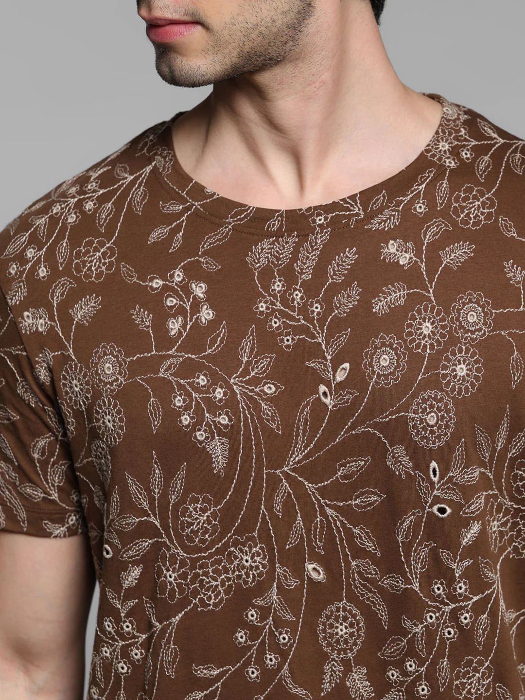 Brown Embroidered Floral Cotton T-shirt - Image 5